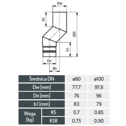 Kolano pelet 80 mm z przesunięciem 60 mm