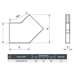 Kolano wentylacyjne płaskie 250x50 mm 45° ze wspornikiem | Ocynkowane