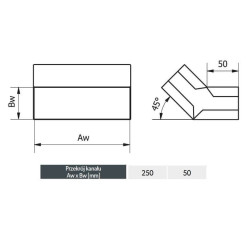 Kolano stałe 250x50 mm | Wentylacja | Kąt 45° | Przejście ściana ↔ strop
