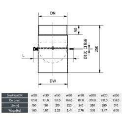 Szyber kominowy 130 mm SZK 8x8 – przepustnica wewnętrzna fi 10 mm, długość 25 cm, stal DC01 2 mm