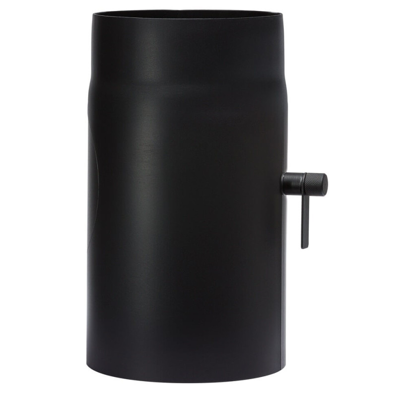 Szyber kominowy z rewizją 150 mm, czarny mat – przepustnica z krótką rączką i otworem rewizyjnym, długość 25 cm.