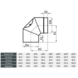 Kolano kominowe 130 mm 90° z rewizją – stal DC01 2 mm, 3-segmentowe, czarne