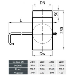 Szyber kominowy SZKsz 200 mm szczelny – pełna klapa, długa rączka 710 mm, piec akumulacyjny, wędzarnia