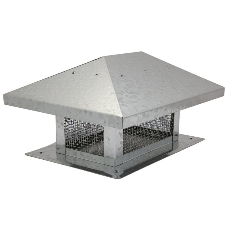 Metalowy daszek kominowy kopertowy z siatką ochronną model DAK200X200-OC montowany na czapie komina.
