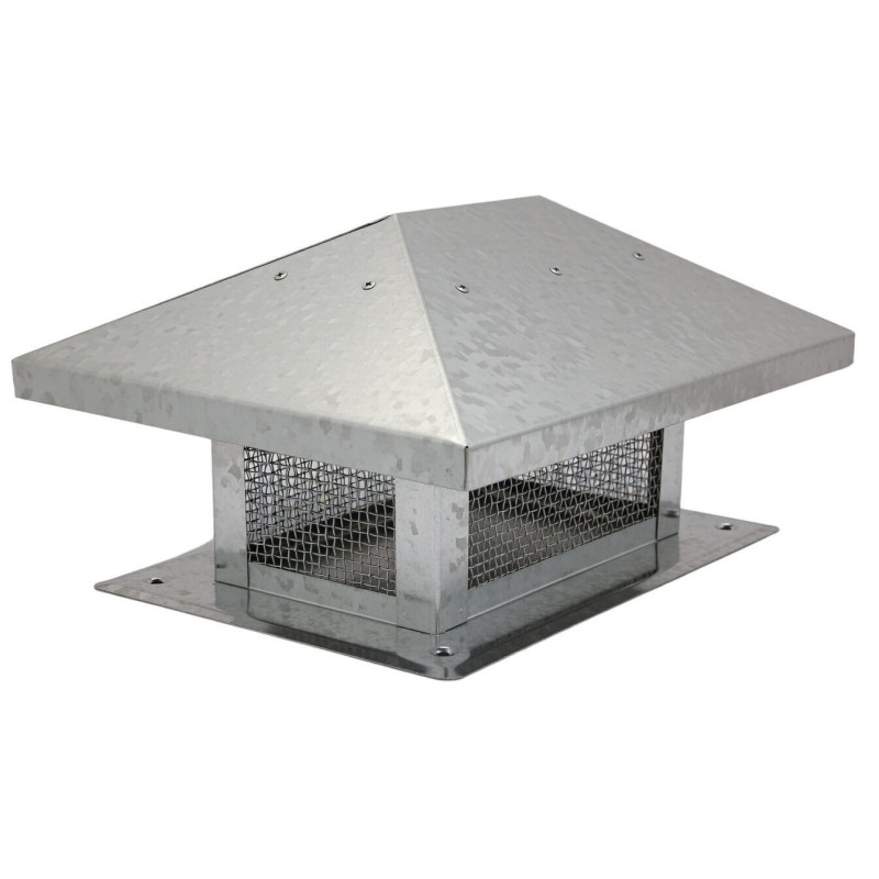 Metalowy daszek kominowy kopertowy z siatką ochronną model DAK140X140-OC montowany na czapie komina.