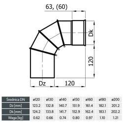 Kolano nastawne Ø140 mm bez rewizji – stal 1.4404, 0,6 mm, 4 segmenty | KNS140/90-CH6