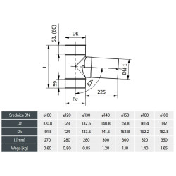 Trójnik kominowy TRG140/90-CH6 z gardzielą 225 mm – DN140, stal 1.4404, 0,6 mm