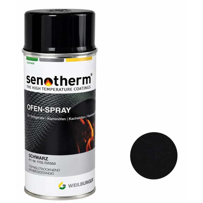 Puszka farby żaroodpornej Senotherm Spray 400ml czarny mat przeznaczona do renowacji pieców, przyłączy kominowych oraz grilli.
