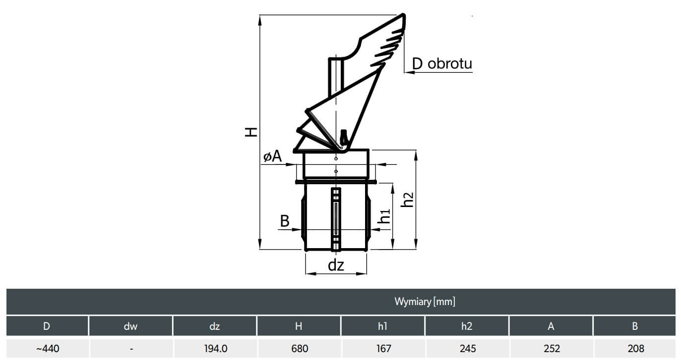 Schemat wymiarowy i rysunek techniczny nasady samonastawnej Rotowent Dragon 200 mm