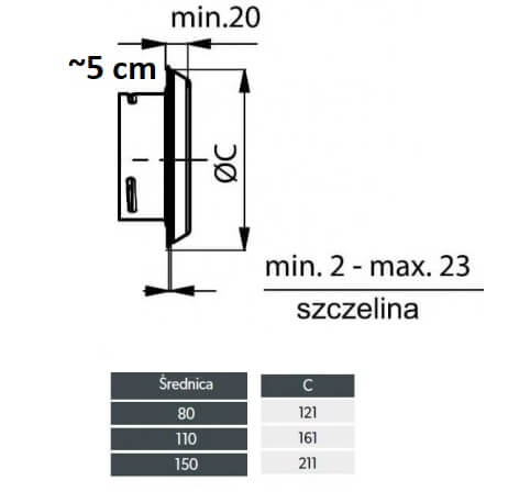 Anemostat metalowy izolowany ANP 150 mm biały schemat wymiary